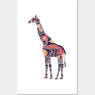 Floral Giraffe Silhouette - Purple Haze on Mint Posters and Art